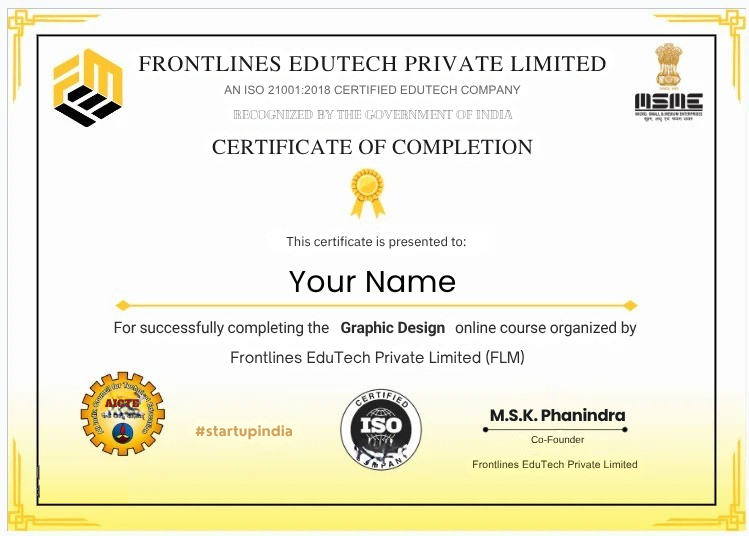 Frontlinesedutech graphic designing course completion certificate